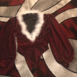 😍😍😍 Red Sparkly Bodysuit with White fur Trim